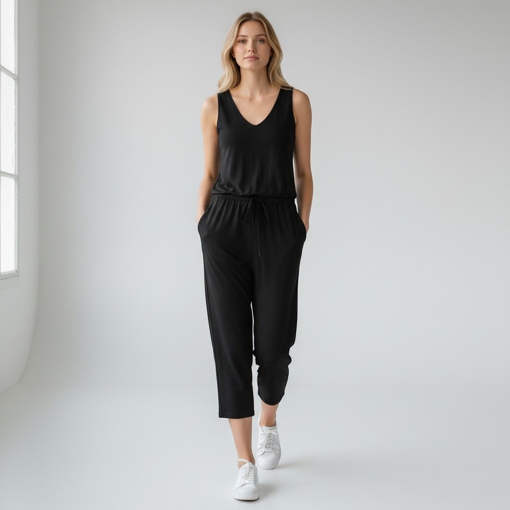 Quince Sleeveless Modal Jumpsuit Womens L Black Keyhole Back Wide Leg Minimalist